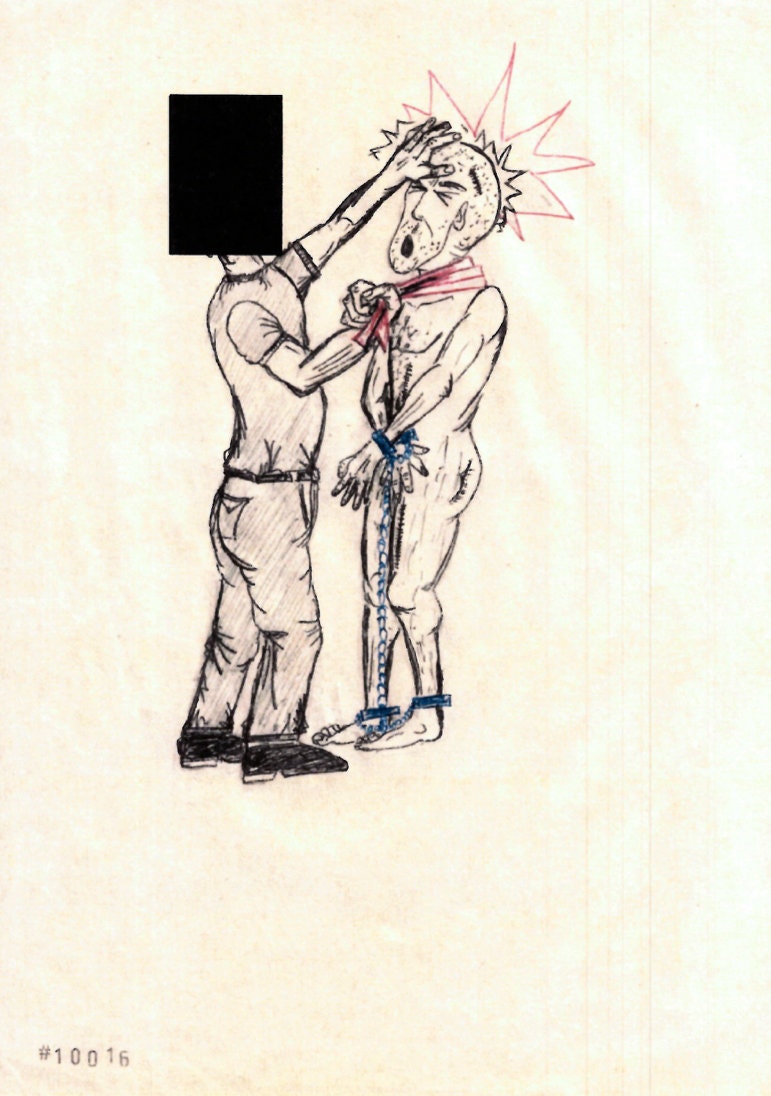 Imagen dibujada por Abu Zubaydah muestra cómo la CIA torturaba enrollando una toalla al cuello mientras le golpeaba la cabeza contra una pared de madera./ Abu Zubaydah, cortesía de Mark P. Denbeaux vía The New York Times.