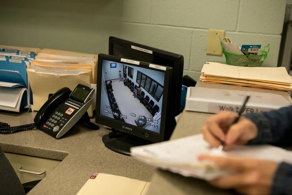A security monitor seen at a family detention center in Karnes City, Texas in 2015.