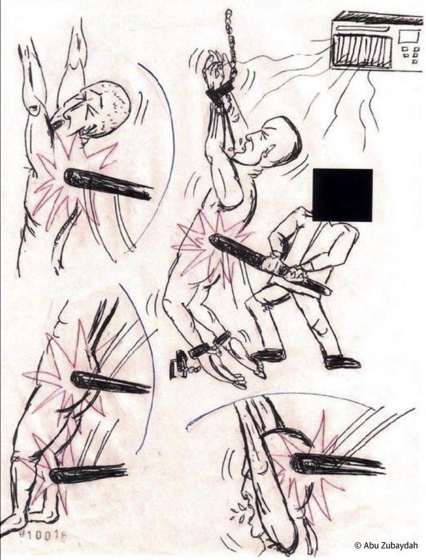 In this drawing, Zubaydah depicts himself being hit with a baseball bat. “It’s important to understand that this was never approved,” Zubaydah’s lawyer, Mark Denbeaux, tell the Guardian. “Most people believe the justice department would be unlikely to approve a technique that has a man shackled hand and foot and hit with a bat including in the head.”