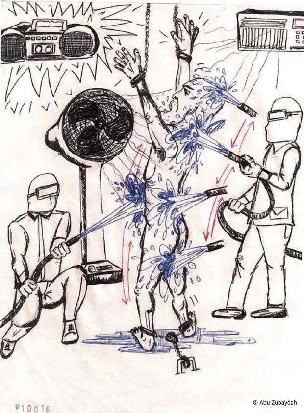 In this drawing, Zubaydah depicts several torture techniques simultaneously being used on him. He is chained by his limbs, sprayed with powerful water hoses while an air conditioner and fan blow cold air at him, and loud rock music is blaring – all for hours on end. Mark Denbeaux, a lead lawyer for Zubaydah, told the Guardian: “There is no evidence that [the justice department] gave the go-ahead for multiple techniques to be used at the same time.”