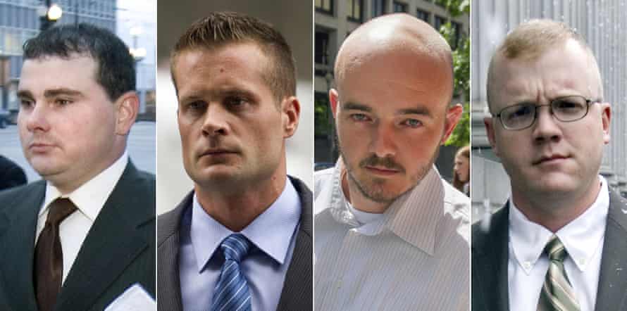 This combination made from file photo shows Blackwater guards, from left, Dustin Heard, Evan Liberty, Nicholas Slatten and Paul Slough