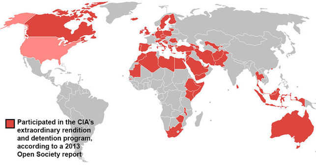 Mapa de los países que participaron en el programa de detenciones y retenciones ilegales de sospechosos de terrorismo yihadista según el programa de la CIA. Foto: opensocietyfoundations.org